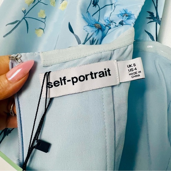 Self-Portrait Watercolour Puff Sleeve Taffeta Blue Floral Midi Maxi Dress 4 S - Picture 8 of 15